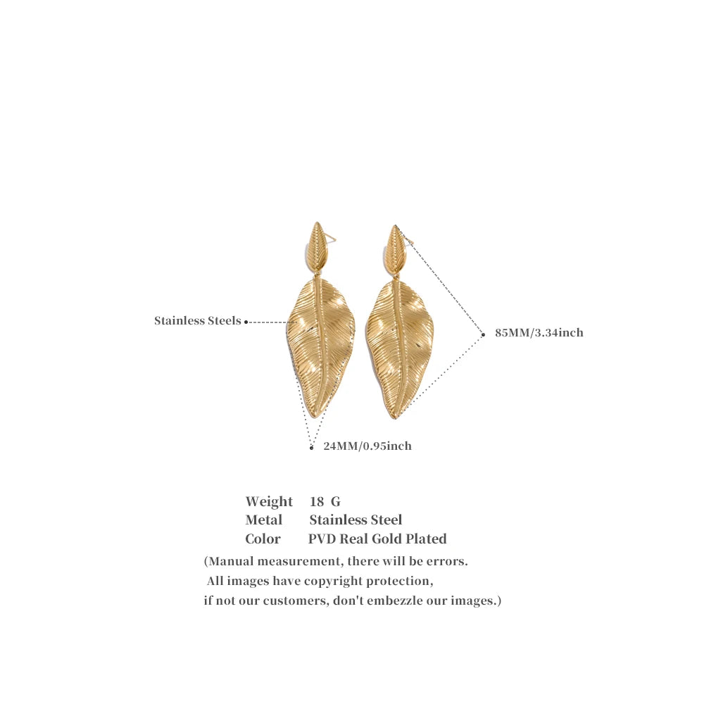 Yhpup 18g (não pesado) declaração de aço inoxidável metal folha grande folhas gota balançar brincos resistente à água moda pvd jóias