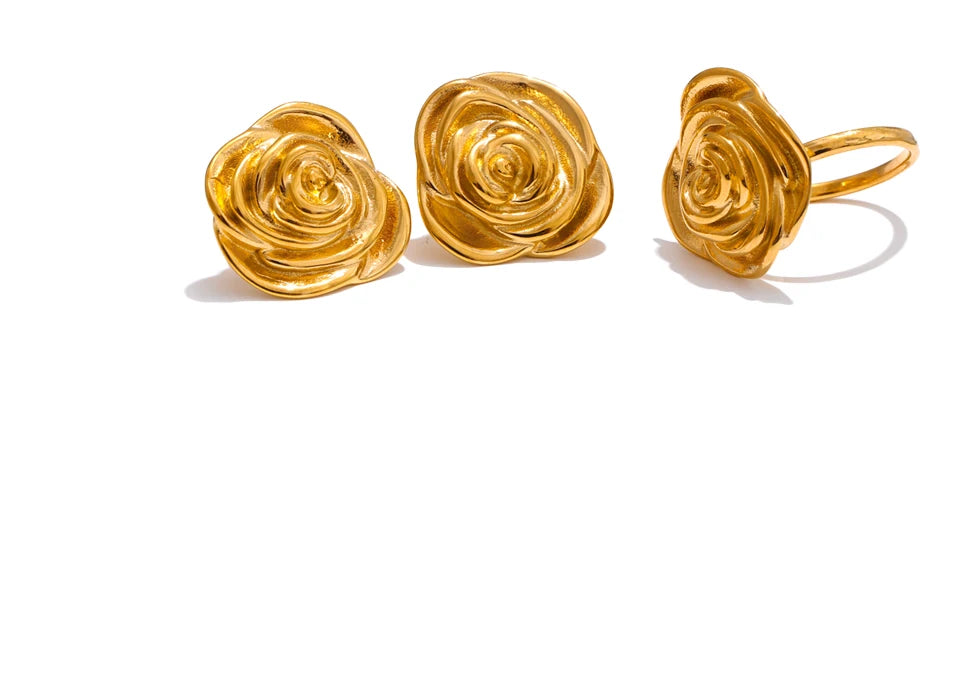 Yhpup moda aço inoxidável metal flor anel ajustável brincos para mulheres à prova de ferrugem 18k pvd banhado a ouro cor jóias diárias