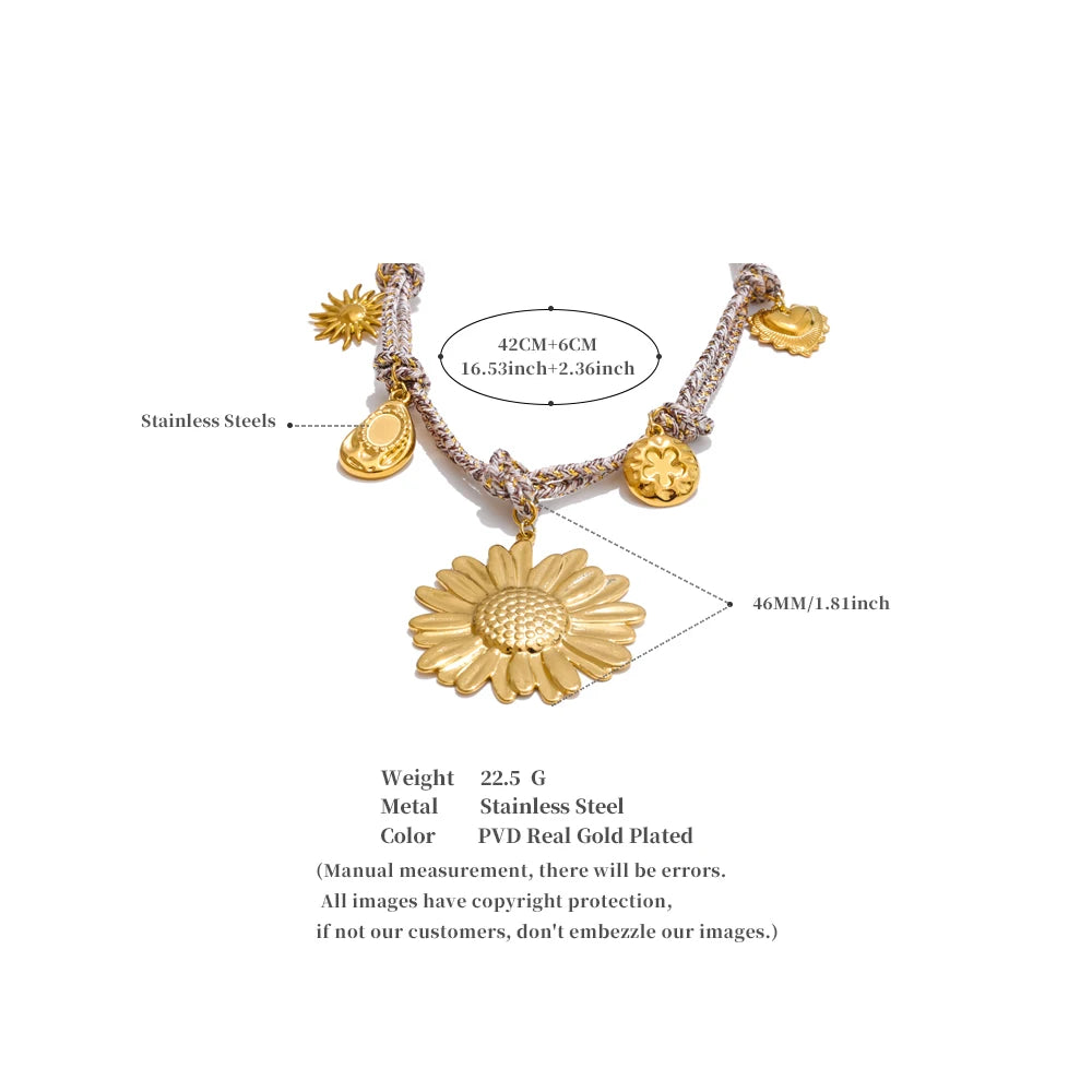 Yhpup 2025 corda trançada girassol flor pingente colar artesanal de aço inoxidável tendência 18k jóias acessórios