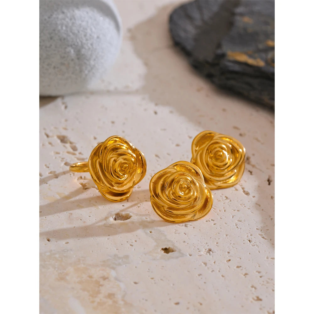 Yhpup moda aço inoxidável metal flor anel ajustável brincos para mulheres à prova de ferrugem 18k pvd banhado a ouro cor jóias diárias