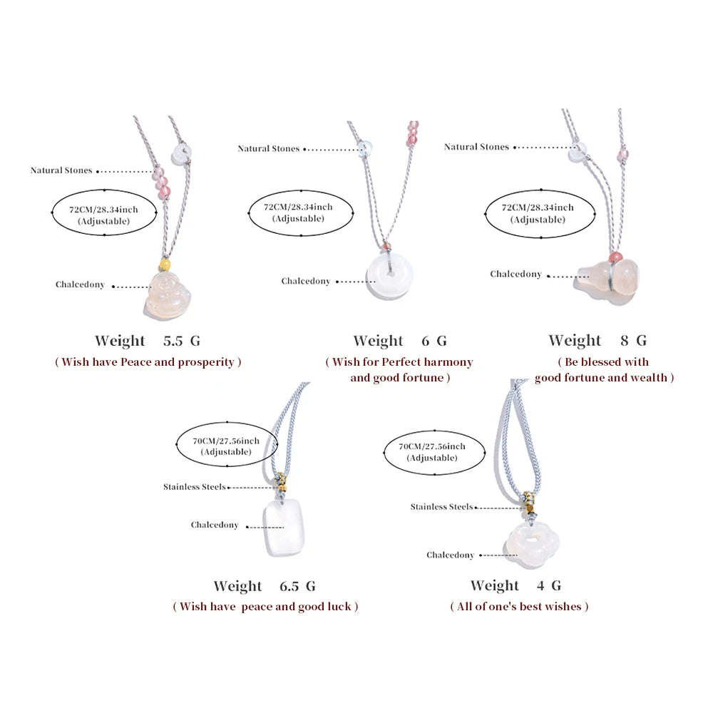 Yhpup unissex família jóias estilo chinês sorte riches desejos de saúde único pingente de pedra natural colar de calcedônia masculino feminino