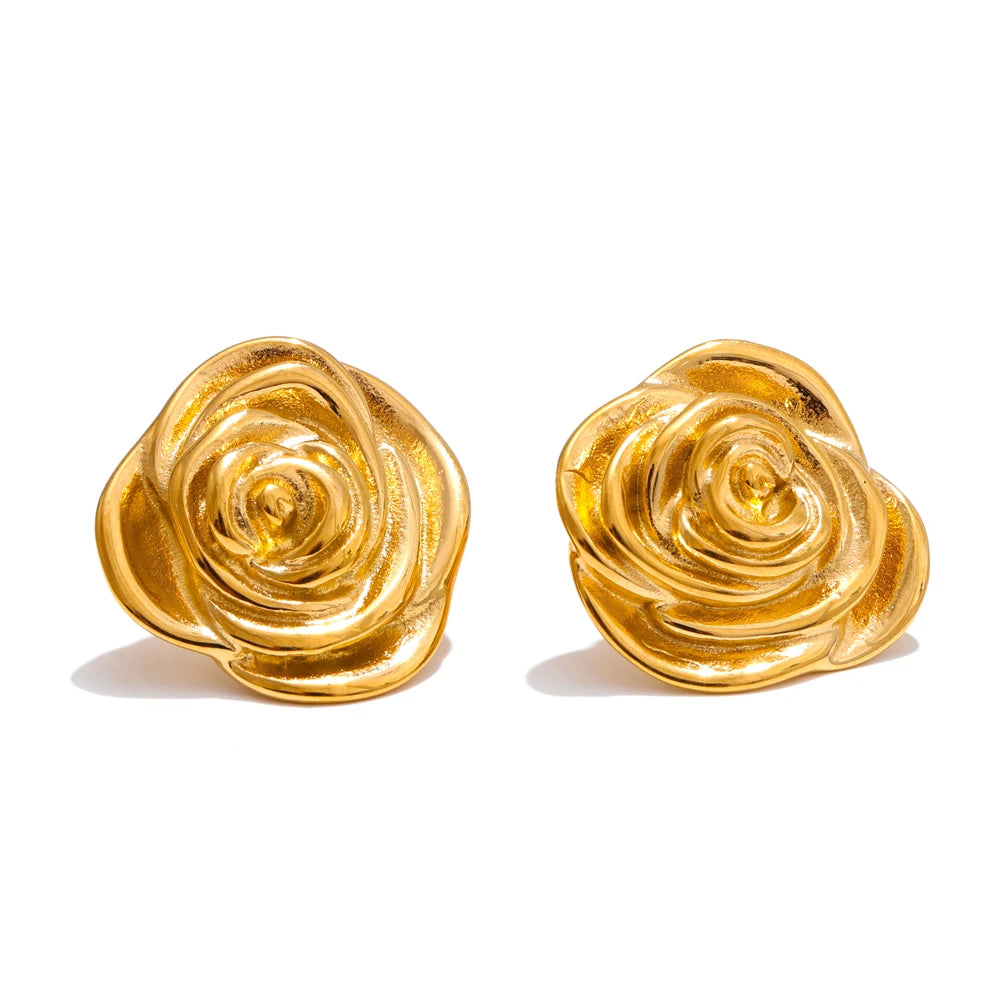 Yhpup moda aço inoxidável metal flor anel ajustável brincos para mulheres à prova de ferrugem 18k pvd banhado a ouro cor jóias diárias